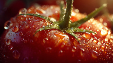 This close-up image showcases a fresh red tomato adorned with droplets of water, emphasizing its vibrant color and texture, perfect for food-related projects.の素材