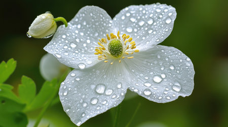 A close-up view of a stunning white flower adorned with glistening dew drops, showcasing nature's beauty and tranquility in a lush garden setting.の素材