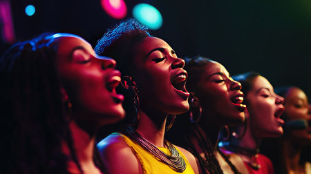 A vibrant scene showcasing diverse female singers passionately performing on stage, highlighting their expressions and dynamic energy in a musical celebration.の素材