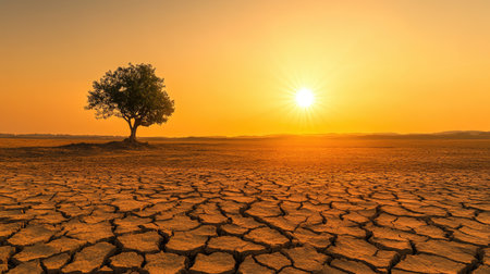 A solitary tree stands against a stunning sunset backdrop, casting shadows on cracked earth. This image captures the beauty and serenity of a drought-affected landscape.の素材