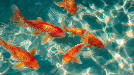 A captivating scene of orange koi fish gliding effortlessly through crystal clear water, illuminated by sunlight, creating stunning reflections and a sense of tranquility.の素材