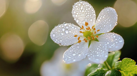 A close-up of a white flower adorned with dew droplets, capturing the essence of nature's beauty. The vibrant green leaves enhance the freshness of this serene scene.の素材