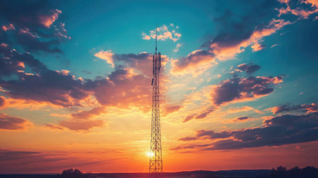 A stunning sunset view featuring a solitary communication tower against a vibrant sky, showcasing an array of colorful clouds in a serene landscape.の素材