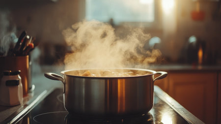 A serene view of steam rising from a pot on a stovetop, showcasing a cozy kitchen atmosphere filled with warmth and culinary inspiration.の素材