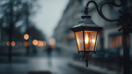 A charming street lantern shines brightly in a foggy evening, casting a warm glow on the surrounding urban landscape, creating a serene and nostalgic atmosphere.の素材