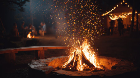 A captivating campfire scene showcasing glowing flames and flying sparks, surrounded by a cozy gathering of friends enjoying an enchanting summer night outdoors.の素材