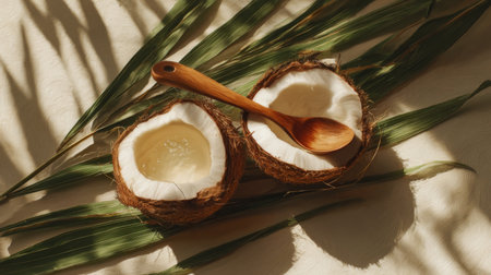 This image features halved coconuts with a wooden spoon, surrounded by lush greenery and soft fabric, creating a vibrant, fresh composition for culinary inspiration.の素材