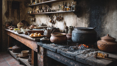 A charming rustic kitchen featuring a wooden table filled with traditional cooking pots, fresh ingredients, and a warm, inviting atmosphere perfect for culinary delights.の素材