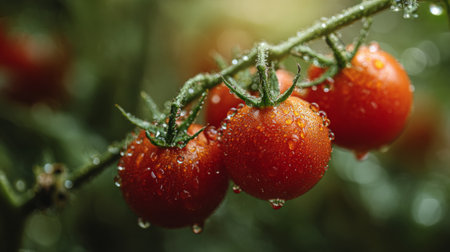 A close-up image of fresh ripe tomatoes on a vine, glistening with water droplets that highlight their vibrant color and inviting texture in a sunlit garden.の素材