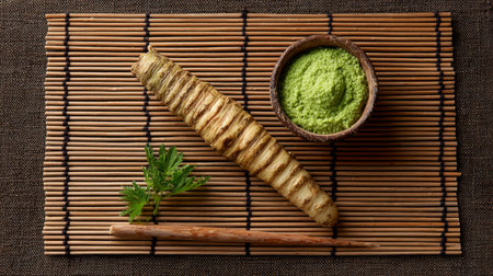 Vibrant display of fresh horseradish root and wasabi powder on a bamboo mat. This arrangement showcases essential ingredients for authentic Japanese cuisine.の素材