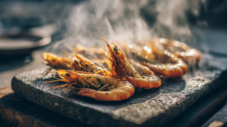 A gorgeous shot of grilled shrimp sizzling on a hot stone, with steam and smoke rising. Perfect for food lovers and culinary enthusiasts seeking vibrant images.の素材