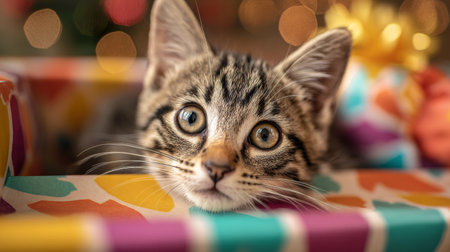 A charming tabby kitten rests its head on a colorful gift box, showcasing its big, expressive eyes and playful demeanor, perfect for holiday joy and warmth.の素材
