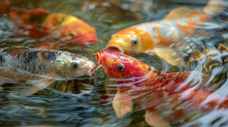 A vibrant group of koi fish swim in a calm pond, showcasing their colorful scales and lively interactions. The scene captures nature's beauty and tranquility.の素材