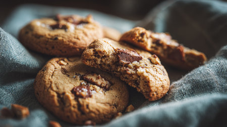 Enjoy the visual delight of freshly baked chocolate chip cookies resting on a soft cloth, highlighting the warmth and indulgence of homemade treats.の素材