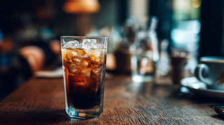 A refreshing glass of iced coffee filled with ice cubes sits on a wooden table in a cozy cafe setting, capturing a moment of relaxation and enjoyment.の素材