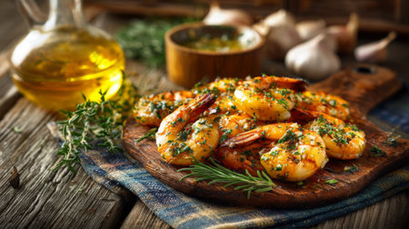 Enjoy a vibrant plate of grilled shrimp, perfectly seasoned with herbs and garlic, artfully arranged on a rustic wooden board for a delightful dining experience.の素材