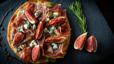 Experience gourmet indulgence with this flatbread featuring prosciutto, figs, and blue cheese. Perfect for elegant dining or casual gatherings, this dish captivates the palate.の素材