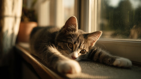 A grey tabby cat stretches lazily on a sunlit window ledge, embodying a serene moment in a cozy indoor setting, perfect for animal lovers and warm home vibes.の素材