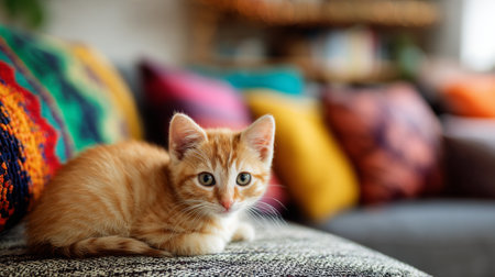 A charming ginger kitten is resting on a comfortable sofa, surrounded by vibrant cushions, capturing the essence of relaxation and joy in a lively home setting.の素材