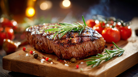 A beautifully seared steak garnished with fresh rosemary and served with ripe cherry tomatoes on a wooden board, creating a warm and inviting culinary scene.の素材