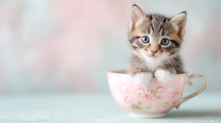 A delightful kitten peeks from a vintage teacup, its fluffy fur and curious expression evoking warmth and joy, ideal for any animal-themed project or collection.の素材