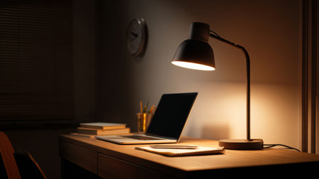 This serene workspace features a lamp illuminating a laptop and notebook on a wooden desk, creating a cozy atmosphere ideal for night study or work.の素材