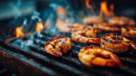 Enjoy the mouthwatering sight of shrimp grilling over a barbecue, with flames and smoke creating a delicious aroma. Perfect for outdoor cooking enthusiasts!の素材