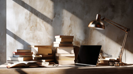 A serene workspace featuring stacks of books and a modern laptop, illuminated by a stylish desk lamp. Perfect for studying or working in a tranquil setting.の素材