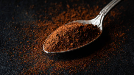 A closeup view of dark cocoa powder heaped on a vintage spoon, beautifully contrasting against a dark textured surface, perfect for culinary artworks and recipe inspirations.の素材