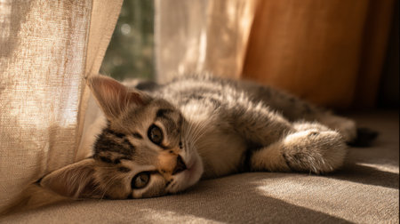 A charming tabby kitten lies peacefully on a cozy sofa, surrounded by soft drapes. The warm afternoon light enhances the serene mood, showcasing feline beauty and tranquility.の素材
