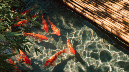 A tranquil glimpse of koi fish gracefully swimming in a crystal clear pond, surrounded by lush greenery and a bamboo pathway, showcasing serene beauty in nature.の素材