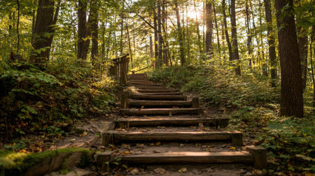 A picturesque nature trail with wooden steps meandering through a vibrant green forest, illuminated by warm sunlight, offering a tranquil outdoor experience.の素材