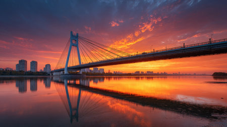 A magnificent sunset paints the sky with vibrant colors, casting beautiful reflections in the calm water beneath a modern bridge and urban skyline.の素材