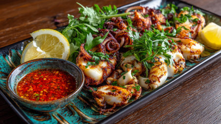 A flavorful grilled squid dish garnished with fresh herbs and lemon slices, accompanied by a spicy dipping sauce. Perfect for culinary and food photography.の素材