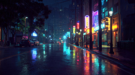 A captivating nighttime urban scene showcasing vibrant neon lights reflecting on a rain-soaked street, creating a tranquil yet energetic atmosphere in the city.の素材