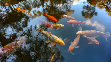 This captivating image features vibrant koi fish swimming in a tranquil pond, reflecting the colors of autumn trees above, creating a serene and peaceful natural scene.の素材