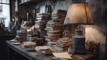 A charming workspace filled with neatly stacked books, a vintage lamp casting warm light, and scattered aged papers. An inviting scene perfect for creativity.の素材