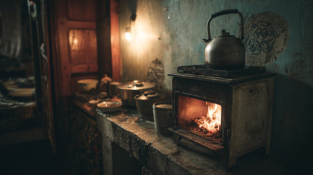 A charming rustic kitchen featuring a vintage stove and kettle, bathed in warm light. The inviting scene captures the essence of home cooking and comfort in a timeless setting.の素材