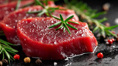 Close-up view of fresh red meat slices beautifully displayed with rosemary and spices, perfect for showcasing culinary art or gourmet cooking concepts.の素材