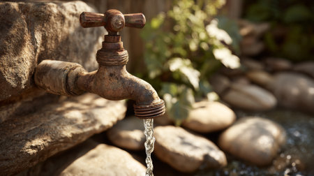 Beautiful vintage faucet with water flowing over smooth pebbles, set in a tranquil garden environment. Perfect for nature-themed projects or home decor inspirations.の素材