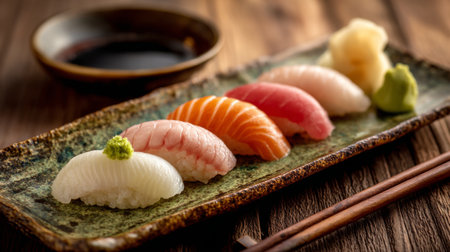 A beautifully arranged sushi platter featuring an array of fresh fish topped on rice, accompanied by wasabi, ginger, and soy sauce, perfect for food lovers and culinary enthusiasts.の素材