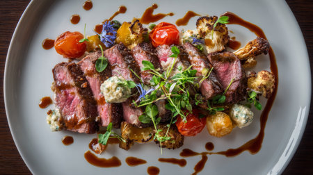 A beautifully plated gourmet grilled steak, garnished with vibrant vegetables and herbs, offers a visually stunning dining experience in an upscale restaurant setting.の素材