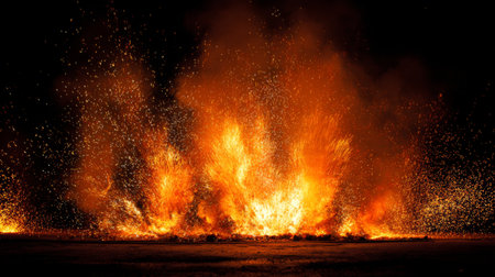 A stunning display of explosive flames and flying sparks against a dark background. This image powerfully captures the dynamic energy and beauty of fire in action.の素材
