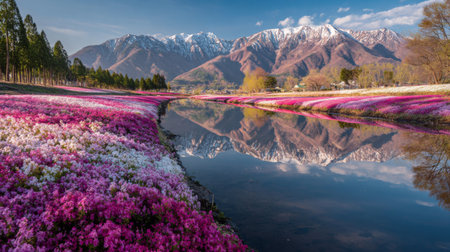 A breathtaking landscape featuring lush pink flowers cascading along a river, with majestic mountains reflecting in the water under a clear sky.の素材