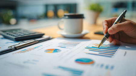 A business analyst focuses on financial charts and graphs while enjoying coffee in a stylish office. The scene captures a blend of productivity and analysis.の素材