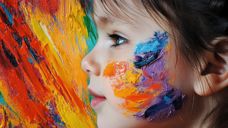 A colorful portrait of a child with artistic face paint against a vibrant abstract background. This image captures creativity and joy through playful expression.の素材