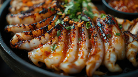 This appetizing grilled squid dish features a spicy sauce and fresh herbs, perfect for seafood lovers seeking bold flavors and vibrant presentation.の素材