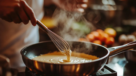 A close-up of a chef whisking a creamy sauce in a frying pan. Steam rises from the pan, showcasing an intimate and inviting kitchen atmosphere.の素材