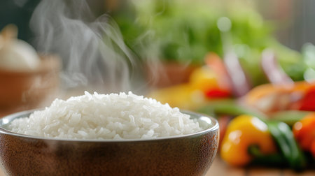 A bowl of fresh steaming rice serves as a perfect meal base, surrounded by vibrant vegetables. Ideal for healthy cooking and culinary inspiration.の素材