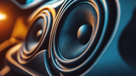 A close-up image of audio speakers showcases intricate design and vibrant lighting, perfect for illustrating sound technology and music entertainment themes.の素材